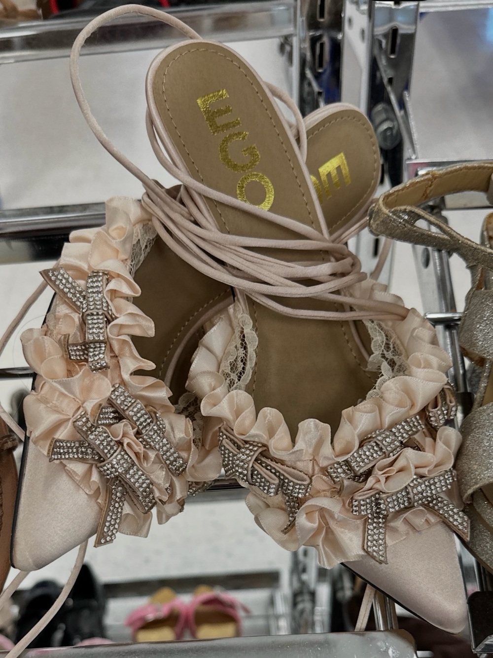 EGO Satin Crystal Lace Up Heels sz 5